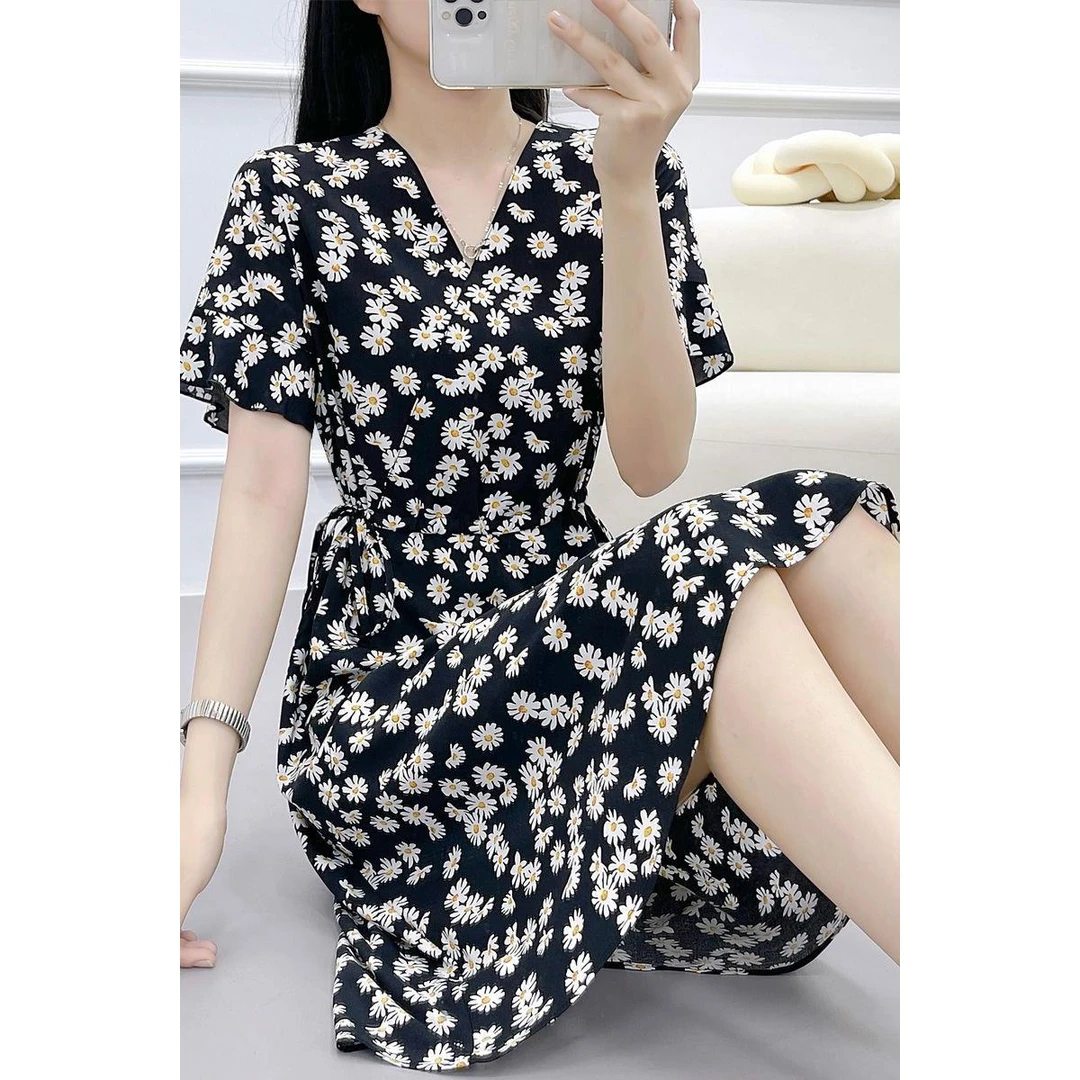 新款高端棉绸连衣裙女夏季碎花显瘦大摆裙中长款绵绸人造棉裙子