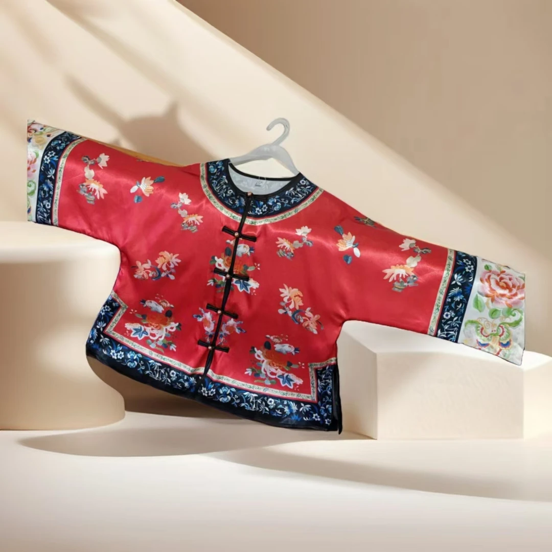 晚清汉服女短款上衣马面裙上衣缎面对襟清汗女短褂重工印花古风