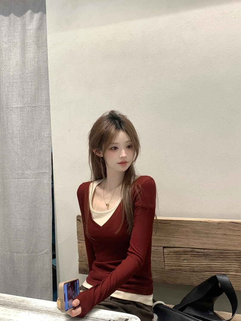 Zzhen【微醺小妲己】韩系针织衫长袖T恤撞色设计感假两件上衣DTX757