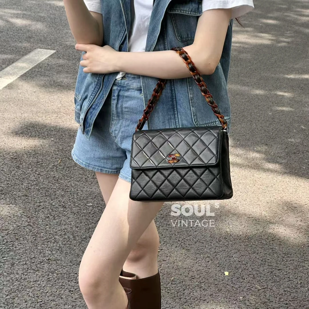 95新 Chanel/香奈儿 fl66黑色羊皮中古 玳瑁cf 单肩包633319353
