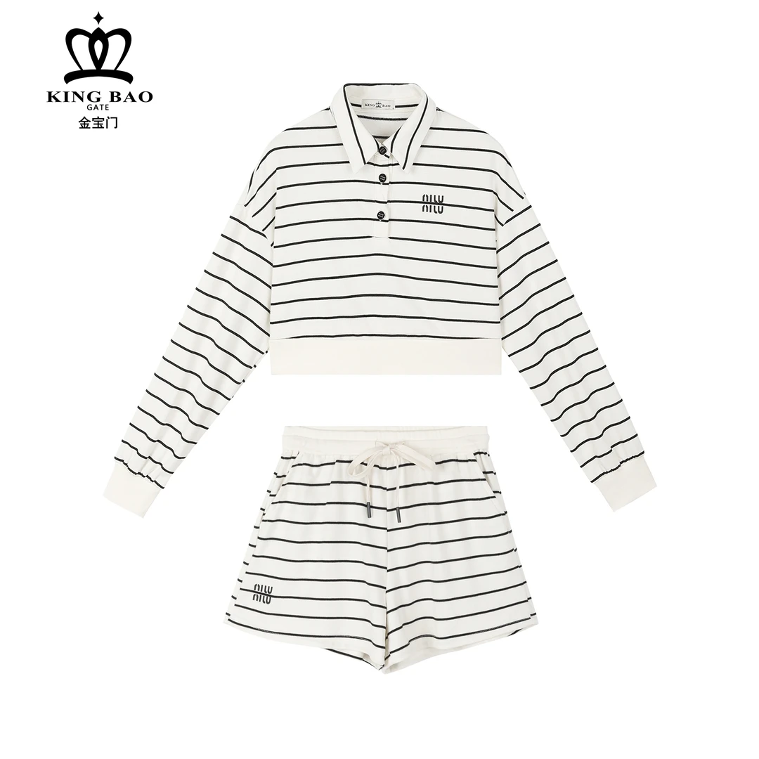 【复古海军】达人休闲时尚套装长袖秋款条纹polo上衣＋短裤两件套