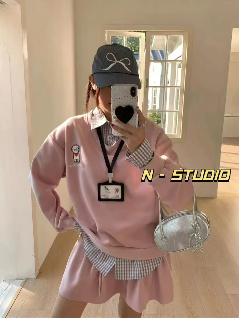 清版】春季新款时尚减龄套装拼接假两件套头卫衣+短裙