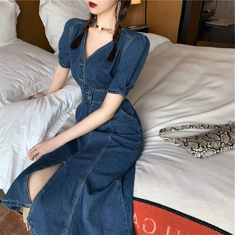 法式桔梗V领连衣裙女2024年新款开叉收腰显瘦短袖牛仔裙气质长裙