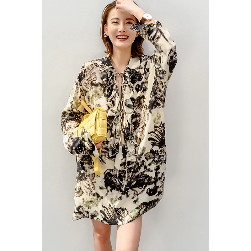 JADE SHADW/翡翠影夏季时尚重磅桑蚕丝荷叶边系带印花连衣裙T1325