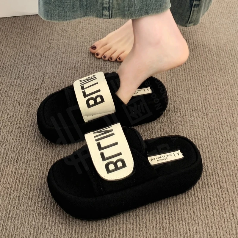 爆款魔术贴一字拖鞋女夏季外穿2025新款配裙子松糕厚底软底凉拖鞋