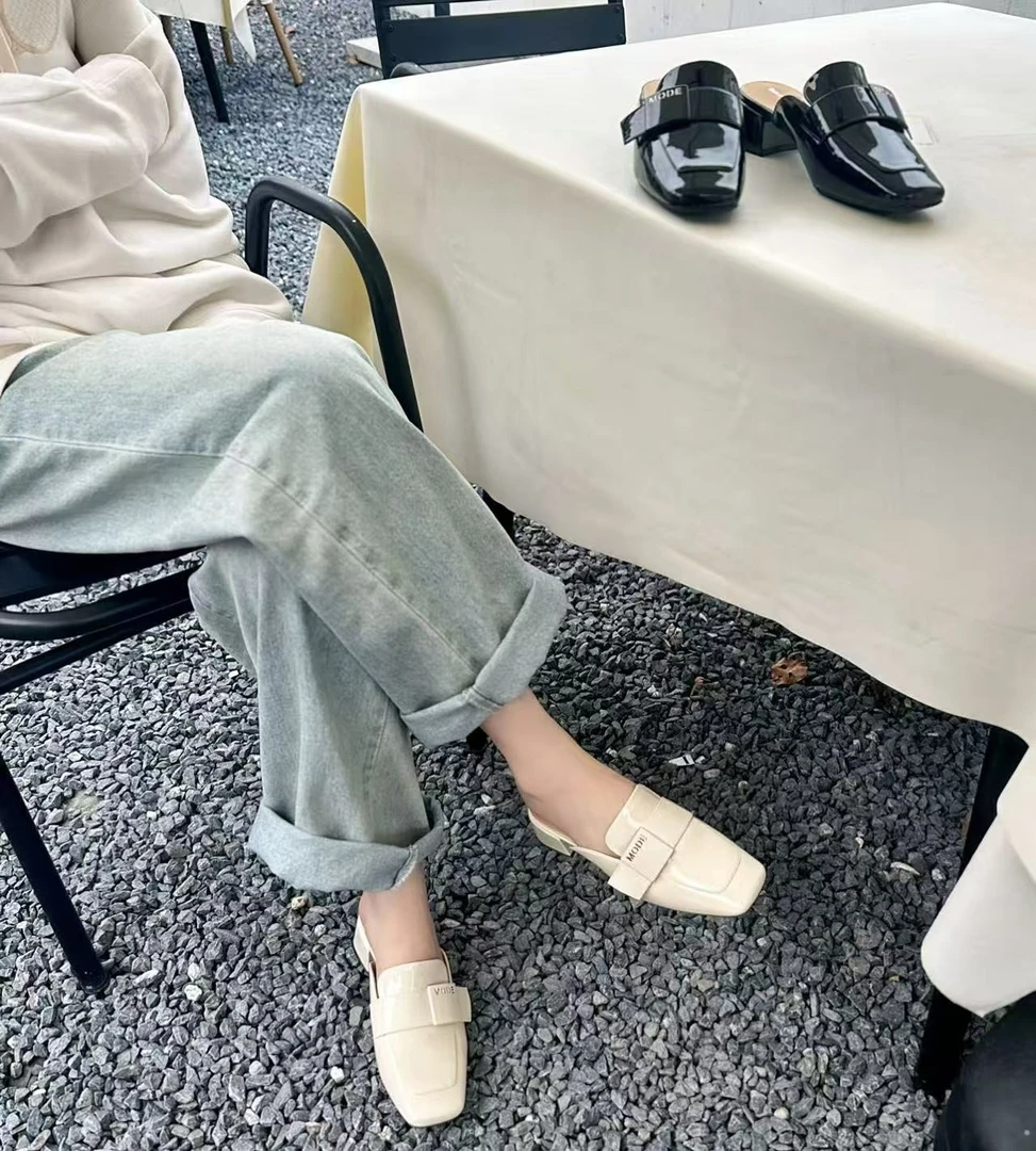 陳umi方跟尖头漆皮网头拖穆勒拖平底韩版春夏粗跟包头百搭日常