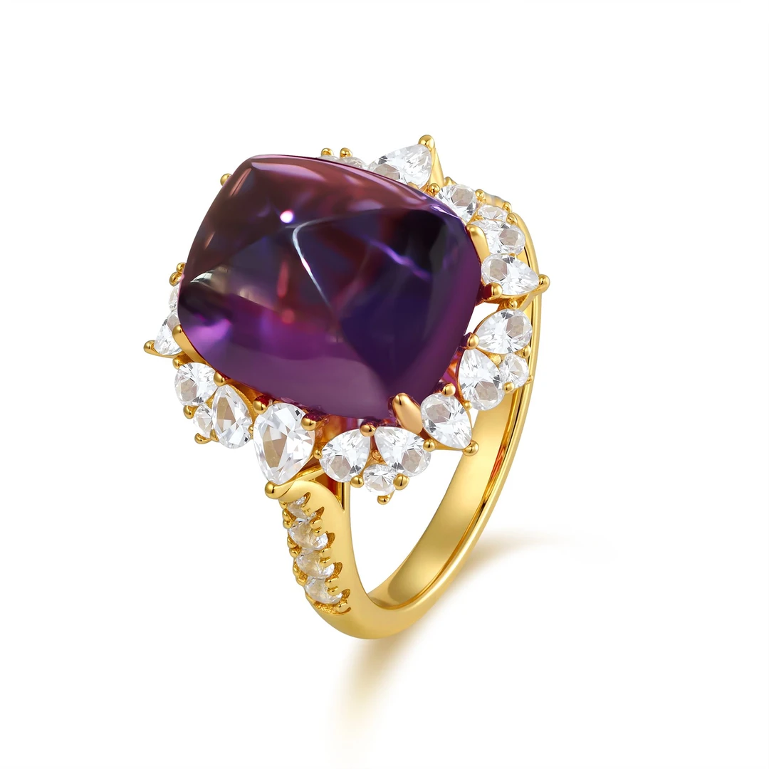培育蓝宝石R5159 新款镶嵌糖塔紫色时尚精致金色戒指
