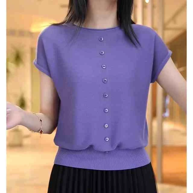 夏季新款妈妈装针织衫上衣女短袖圆领宽松冰丝时尚百搭中老年T恤