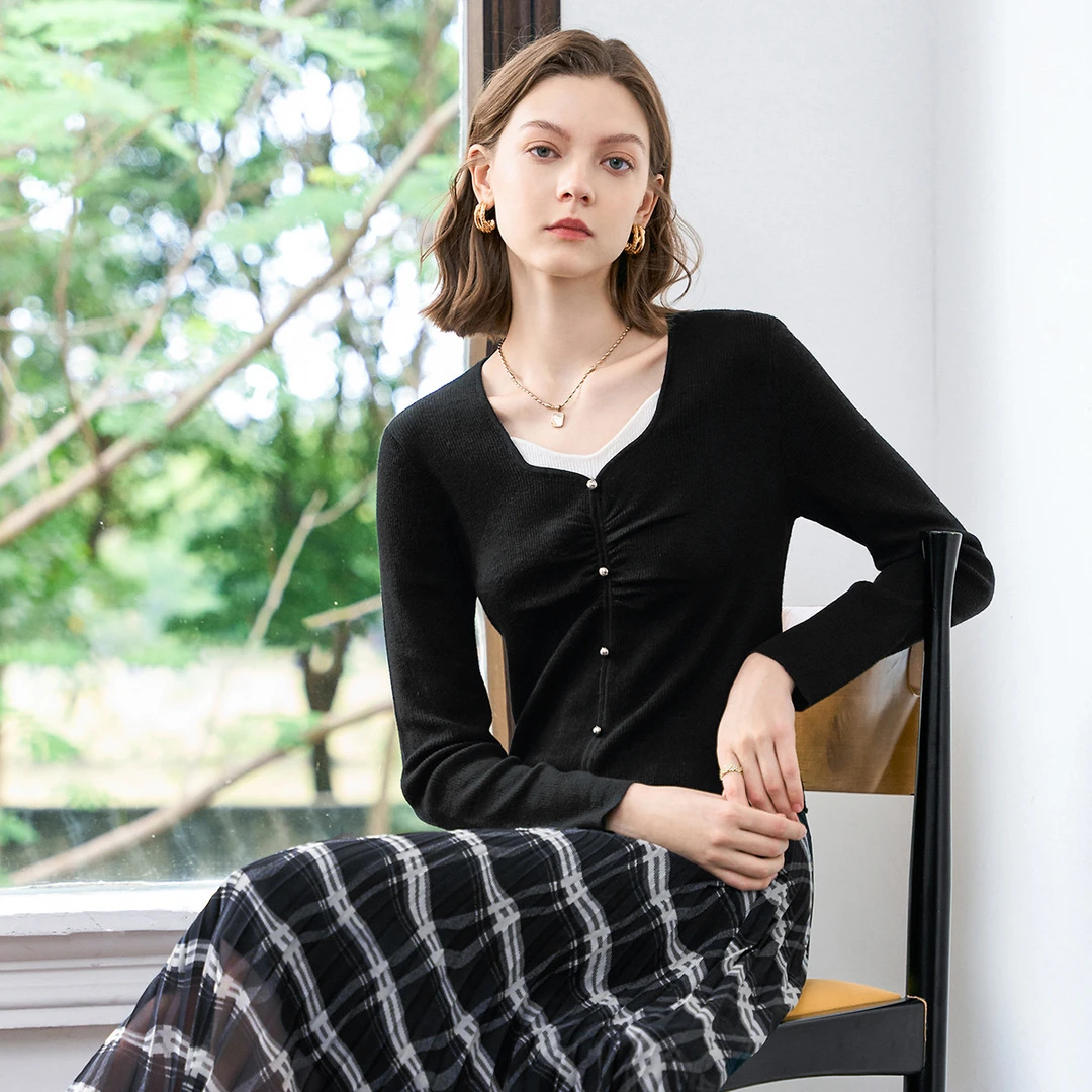 颜域撞色假两件针织衫2025早春高级感修身显瘦V领针织