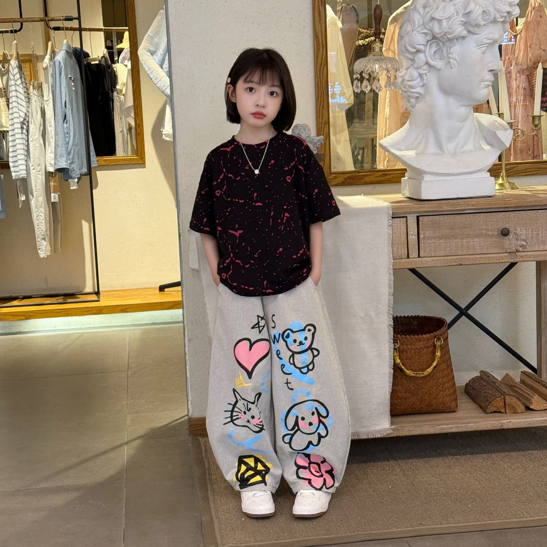 女童2025夏季新款洋气时髦炸街休闲甜酷短袖儿童卡通牛仔裤两件套