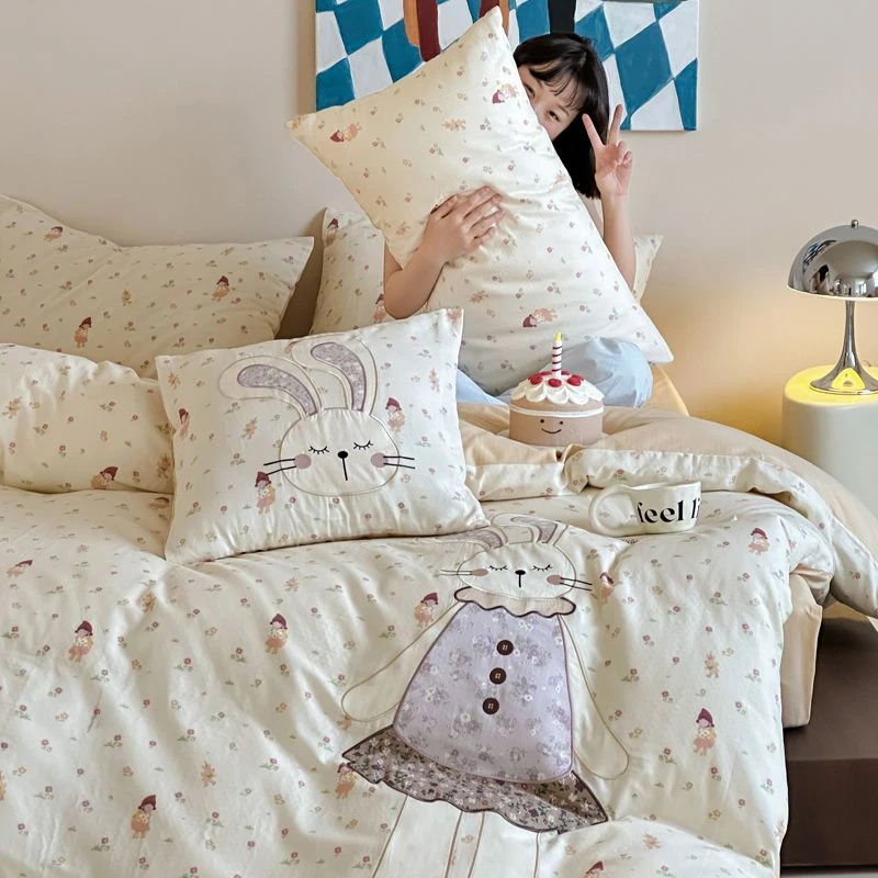 韩系少女心全棉双层纱四件套卡通ins公主兔兔贴布绣纯棉被套床品
