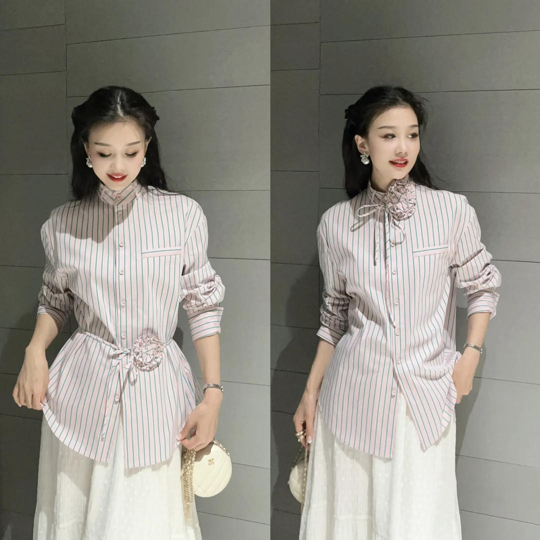 GIRDEAR/哥弟【夏日芭乐】港风条纹长袖立领复古高级感衬衫130050