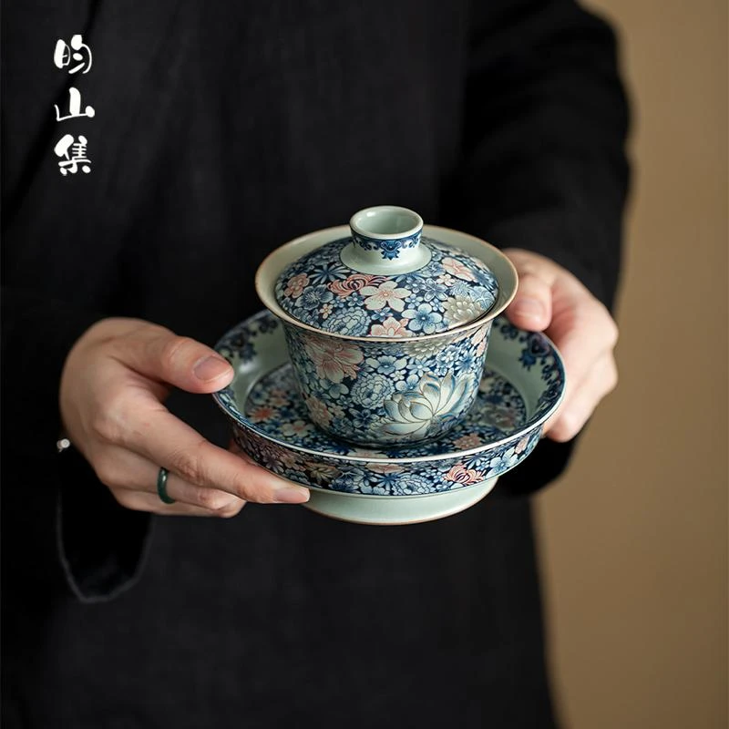 青花汝窑三才盖碗繁花茶具高档复古家用陶瓷功夫大号泡茶碗可悬停