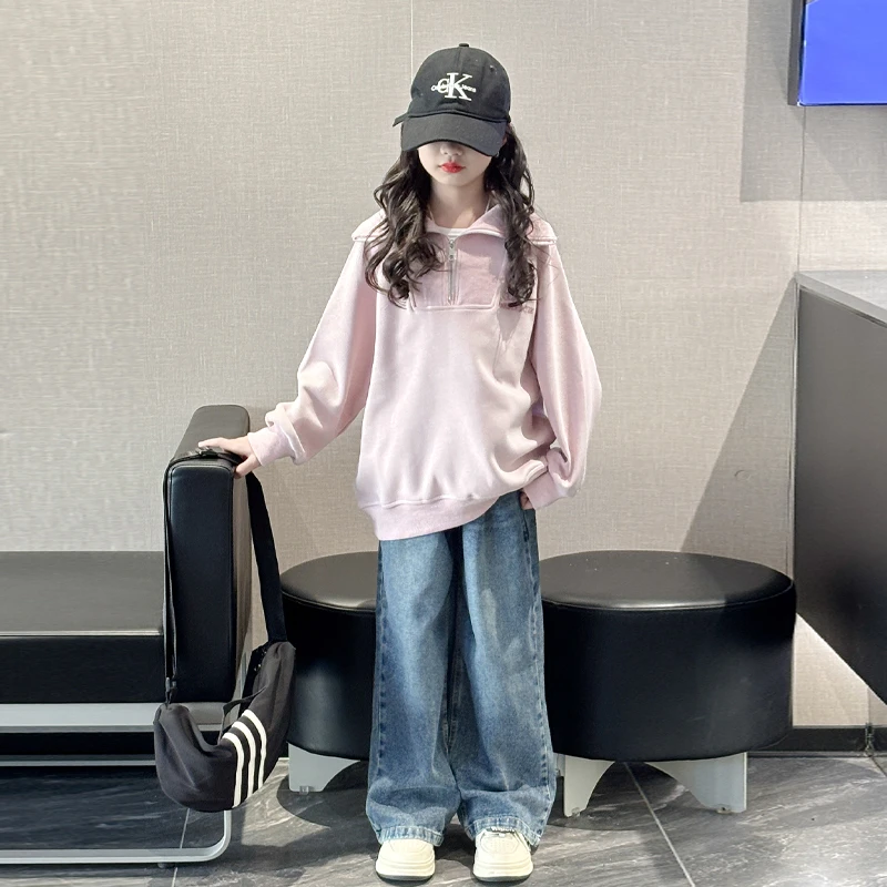 女童春秋套装2025新款大童韩系外套儿童秋装休闲卫衣牛仔裤两件套