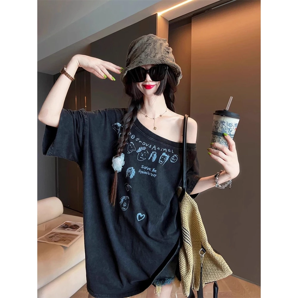 广州十三行复古水洗做旧斜肩短袖T恤女夏季宽松短款绝美露肩上衣