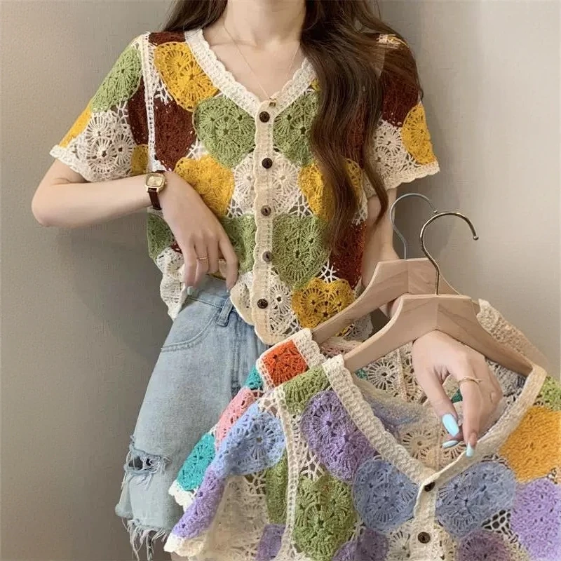 法式减龄钩花设计感针织女2025夏季防晒罩衫宽松别致超洋气小上衣