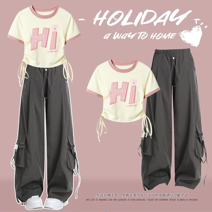 中大女童夏装少女套装初中学生短袖上衣高腰显瘦工装阔腿裤两件套