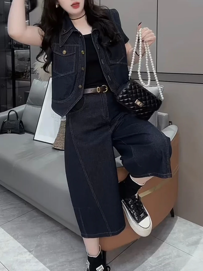 秋季新款气质牛仔套装无袖洋气马甲七分阔腿牛仔裤显瘦两件套