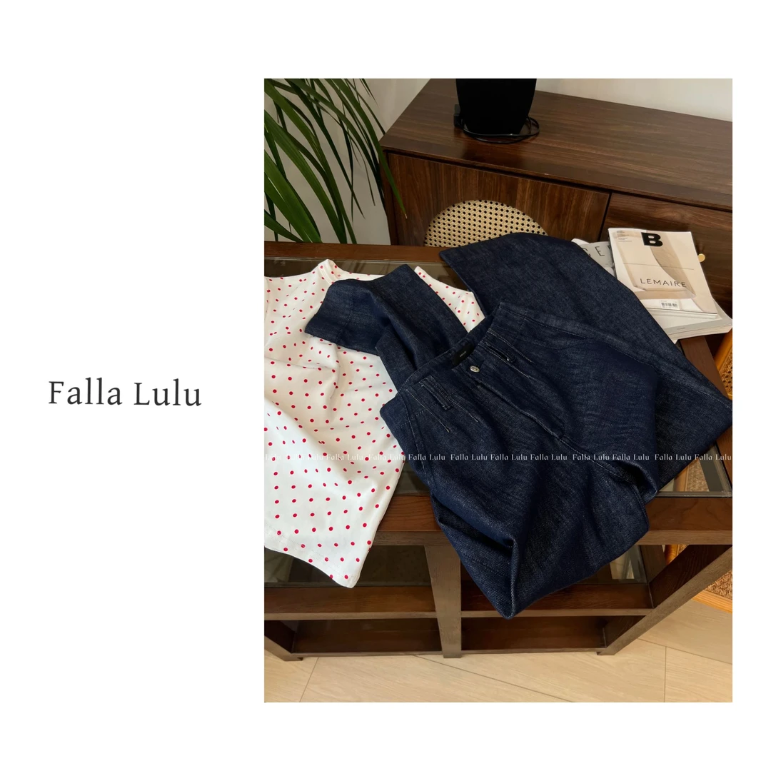 @英子家 春夏蓝牛 韩系显腿长高腰窄版阔腿拖地牛仔裤 A5838