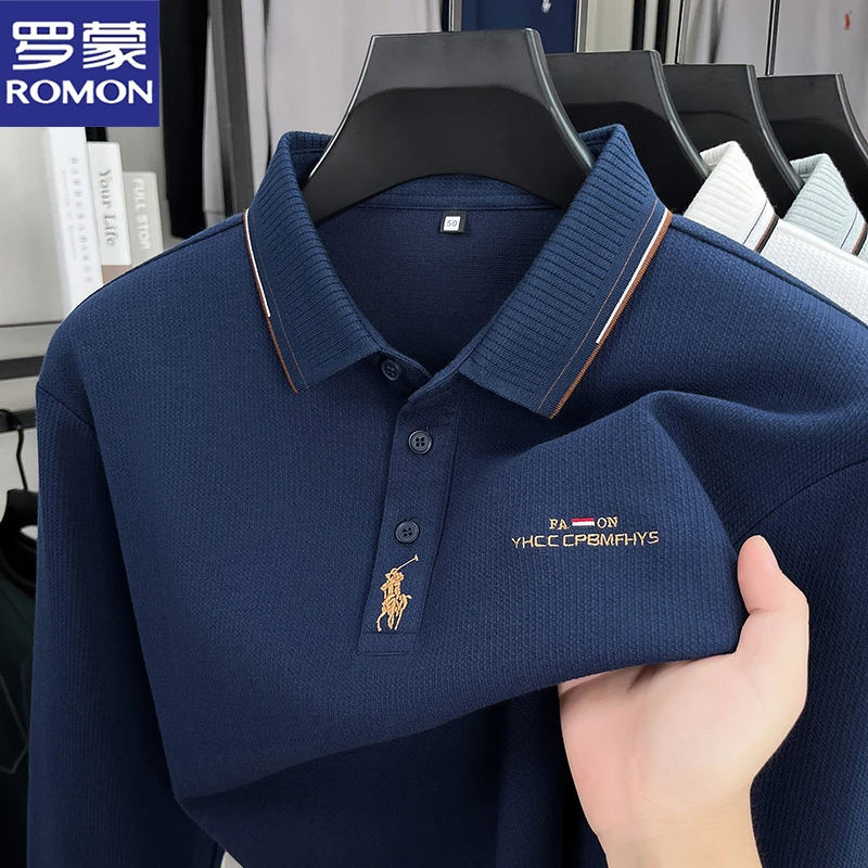 罗蒙春秋季男士长袖棉质翻领T恤时尚潮流马标刺绣商务男装polo衫
