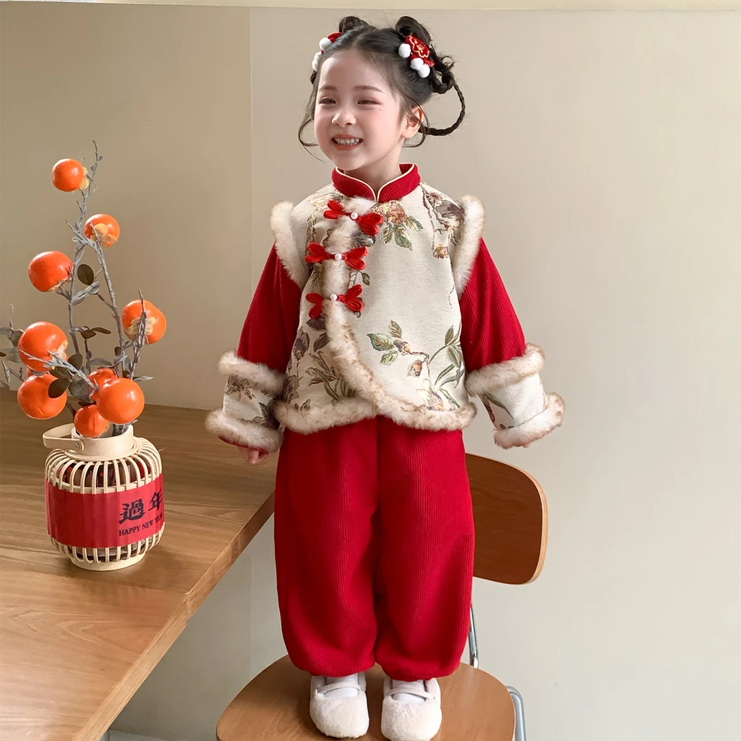 冬季女宝宝常规款唐装红色国风女童中国风喜庆汉服古装拜年套装