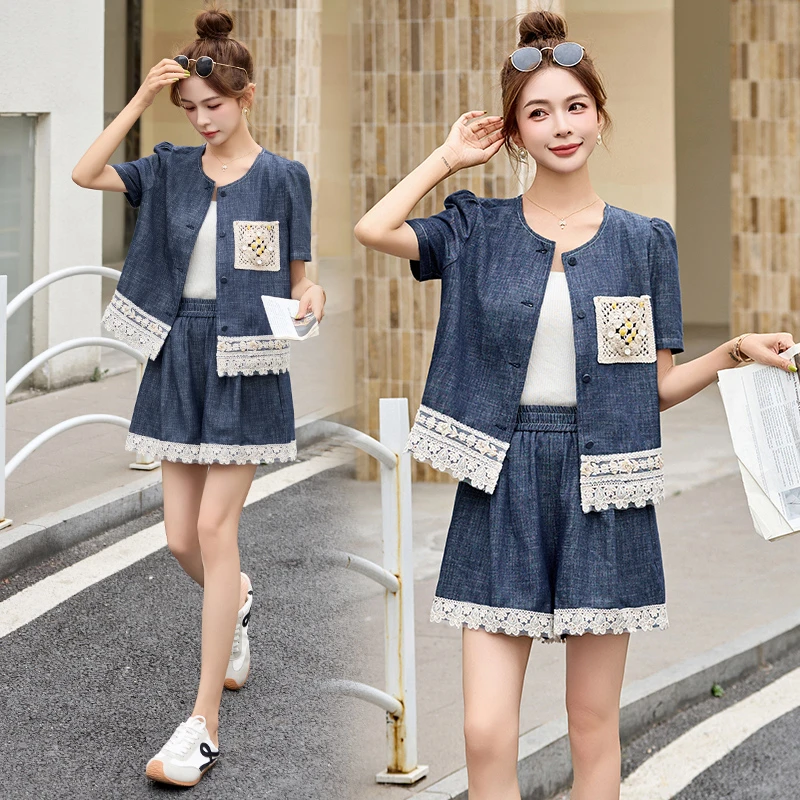 软牛仔套装女2025夏季新薄款时尚拼接蕾丝洋气短裤子小香风两件套