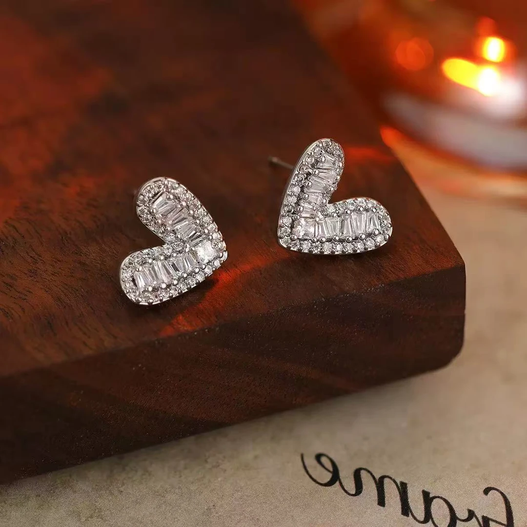 铜合金锆石耳饰 镀k金璀璨姐妹心形银针镶钻耳钉WY001