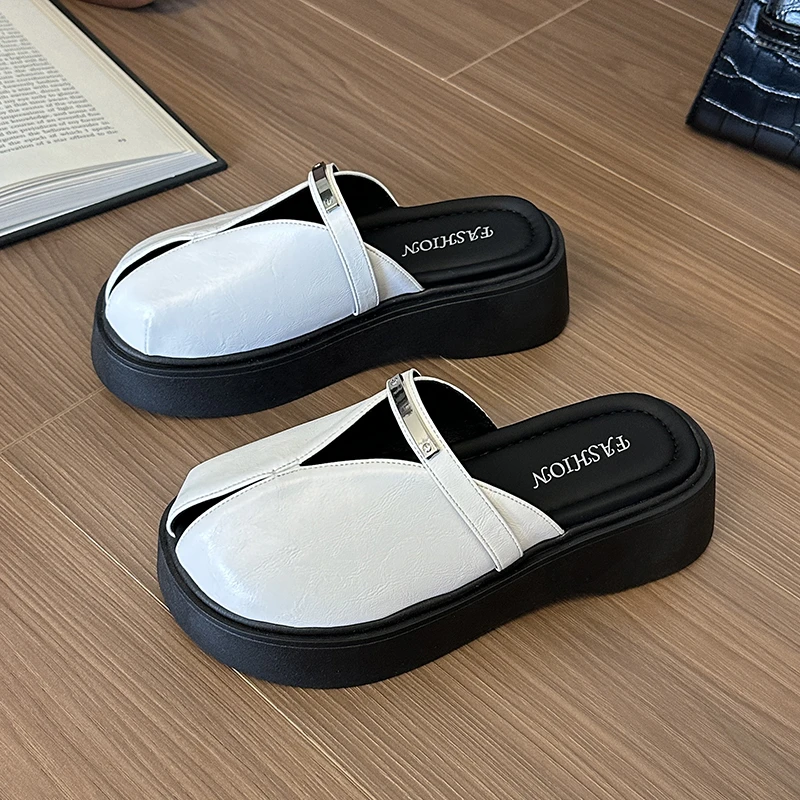 厚底半包头拖鞋女2025新款外穿夏时尚小众设计感一脚蹬软底鱼嘴鞋