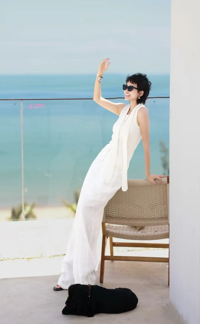 设计师原创一一印象谷时尚潮流女装亚麻马甲阔腿裤一套时尚大气