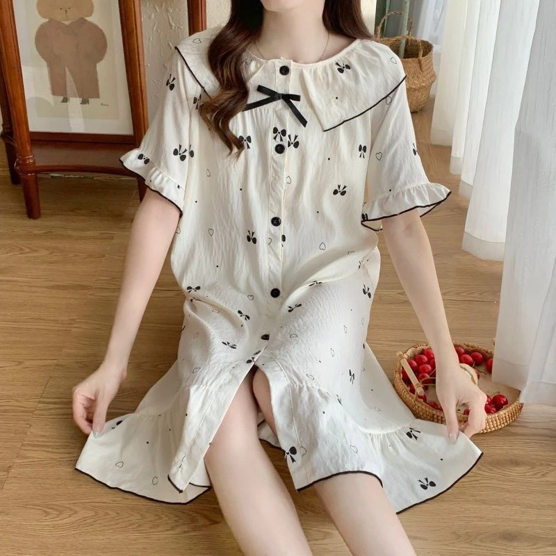 带胸垫睡裙开衫性感短袖一体中长款夏季睡衣透气凉爽翻领年轻气质