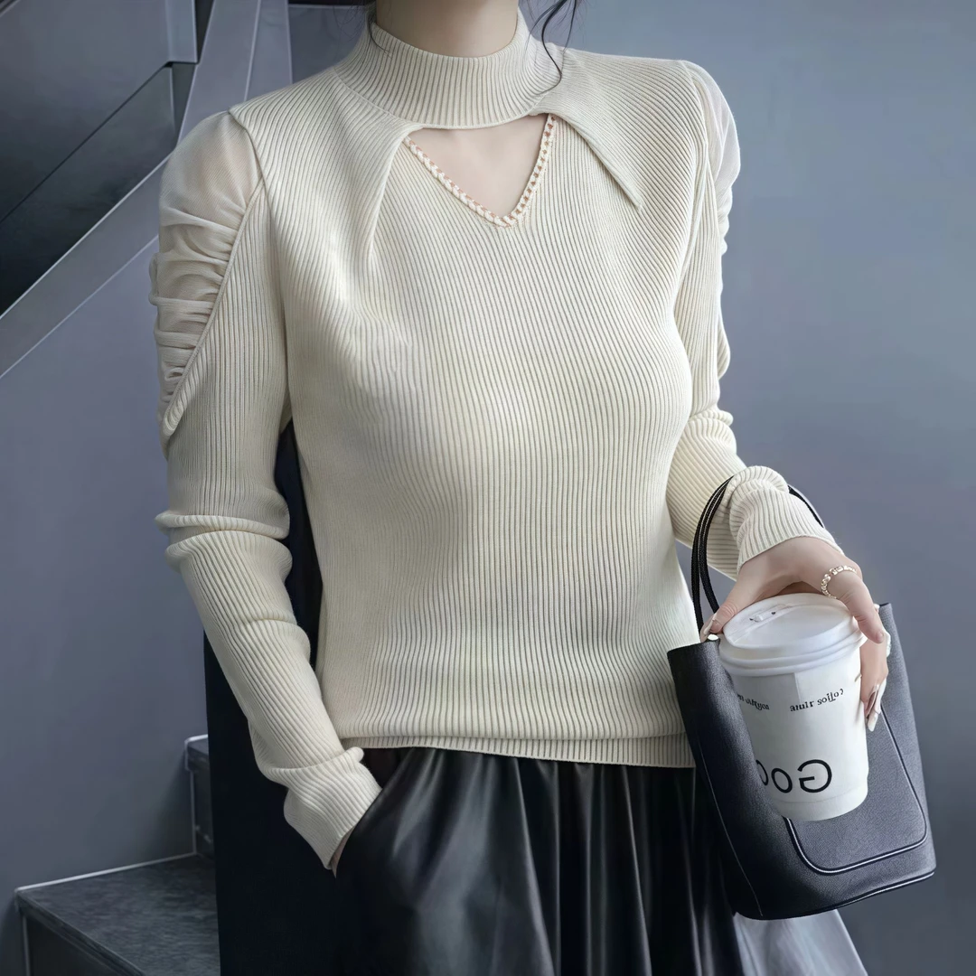 2025早秋新款高级感网纱拼接钉珠小心机挖洞半高领长袖打底针织衫