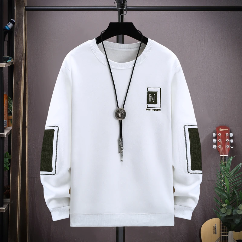 男士秋季新款刺绣休闲卫衣简约撞色百搭时尚潮流圆领长袖上衣1155