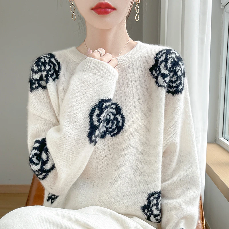 25新款丝羊绒套头毛衣重工刺绣羊绒衫长袖宽秋冬外穿打底衫毛衣