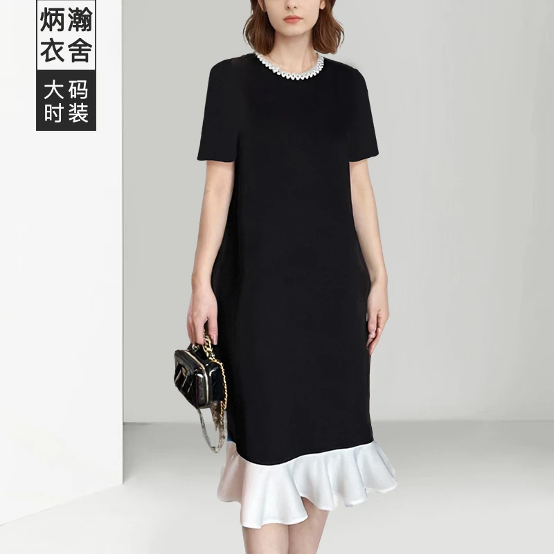 【炳瀚】大码女装赫本风珍珠领a字裙25夏新款胖mm气质BH225WGL15488