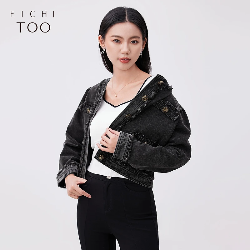 爱居兔古铜色金属扣复古时尚圆领牛仔外套EWNAJ1N003A