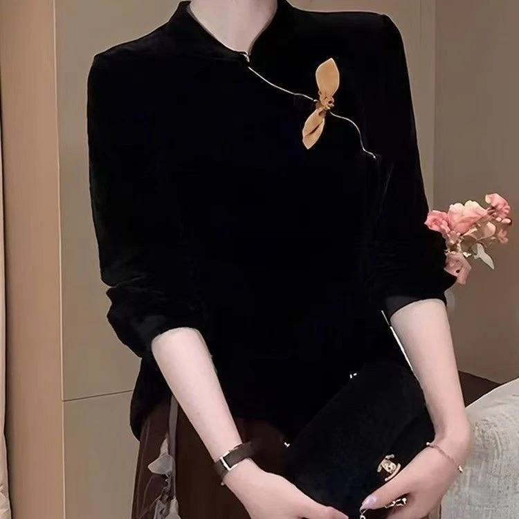 【熹罗绫】10654薄款纯色长袖立领斜襟上衣宽松女装秋冬洋气显瘦