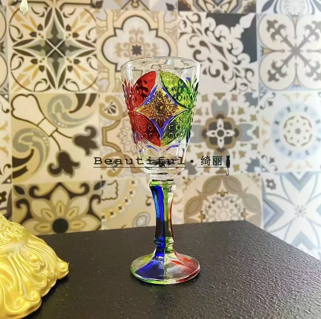 单只-轻奢人工手绘蝴蝶香槟杯彩绘高脚一口杯高级感酒杯果汁杯
