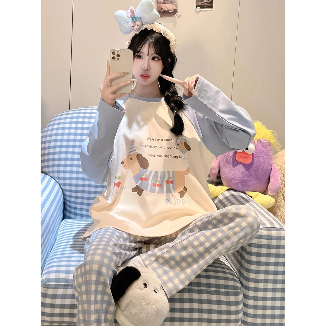 FAVMARTHA女童睡衣纯棉长袖薄款2025春秋季新款猫中大童睡衣女孩