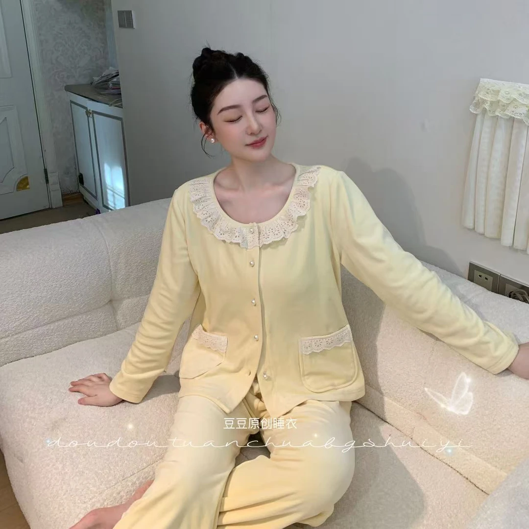 豆豆【黄油泡芙】海岛双面宝宝绒显白冬保暖家居服冬蕾丝边家居服女