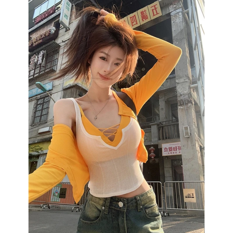 修身显瘦针织开衫套装女纯欲辣妹抹胸背心三件套夏季 80221