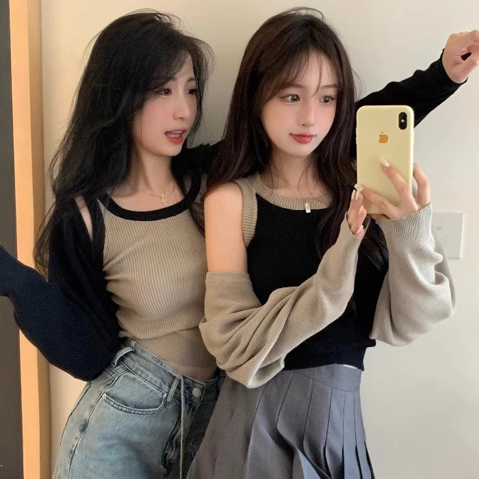 汇兴达【 官图 260随心裁】长袖女秋2023短款背心开衫上衣两件套潮