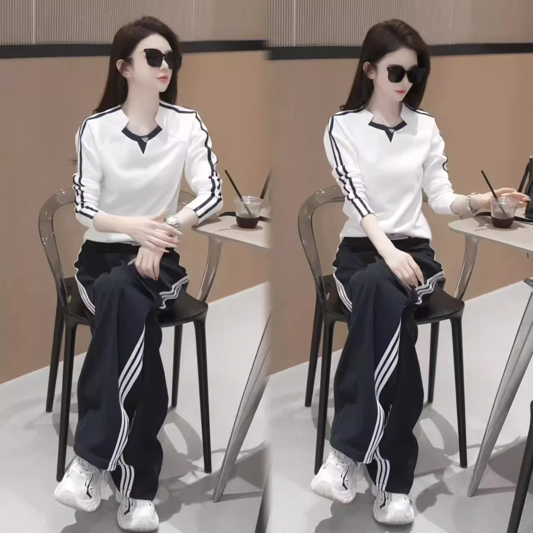 设计感撞色条纹休闲套装2025春季新款百搭上衣显瘦阔腿裤两件套