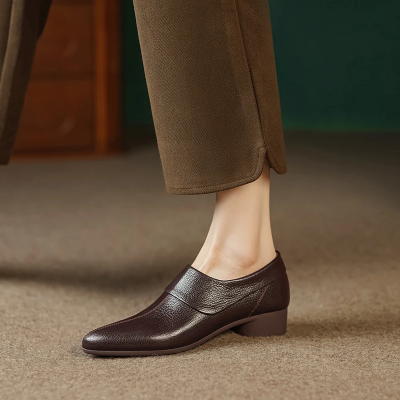 3cm/羊皮/时尚真皮粗跟单鞋女四季深口小皮鞋芒果头百搭女鞋子