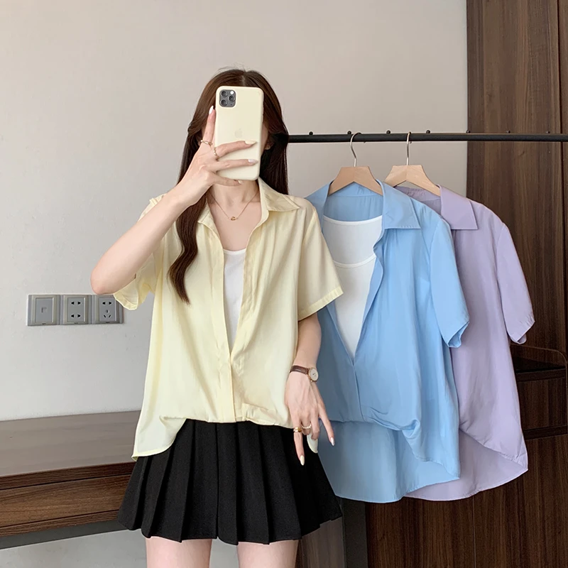 【现货】胖mm遮肉大码时尚休闲假两件撞色别致小衫短袖上衣21945