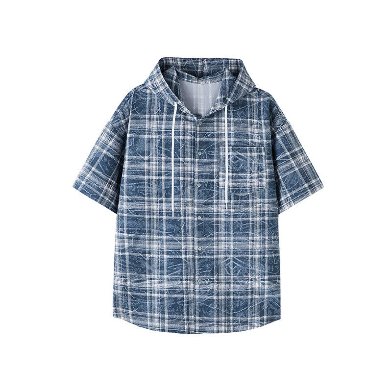 夏季美式复古格子连帽短袖衬衫男时尚休闲宽松潮流日系格纹BF衬衣