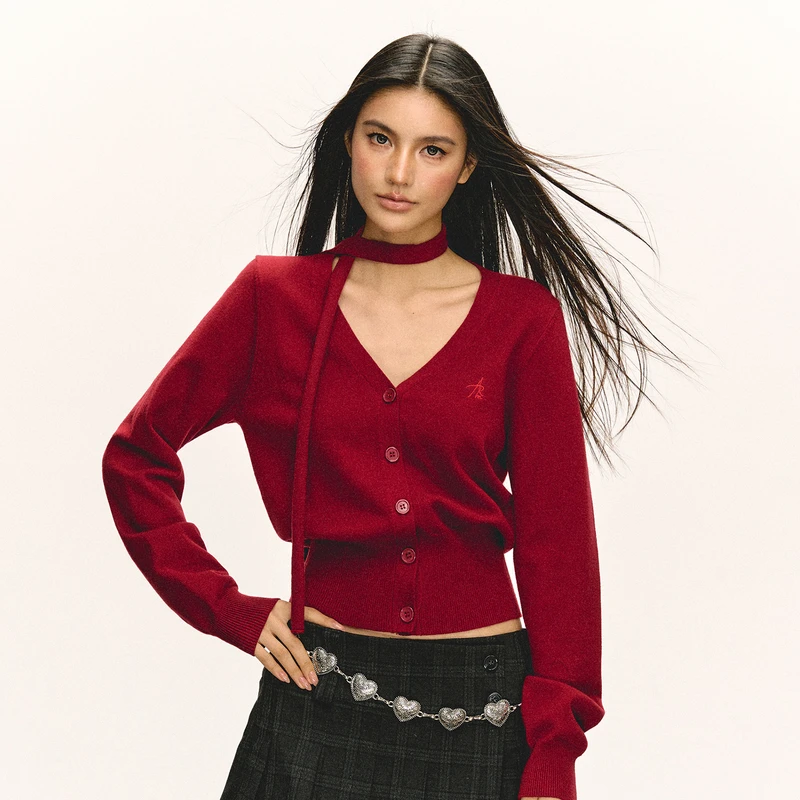 Ariseism  美式复古V领短款针织开衫女秋冬新款修身打底上衣