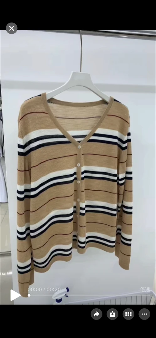 秋季长袖条纹V领常规款毛针织衫开衫时尚刺绣新中式