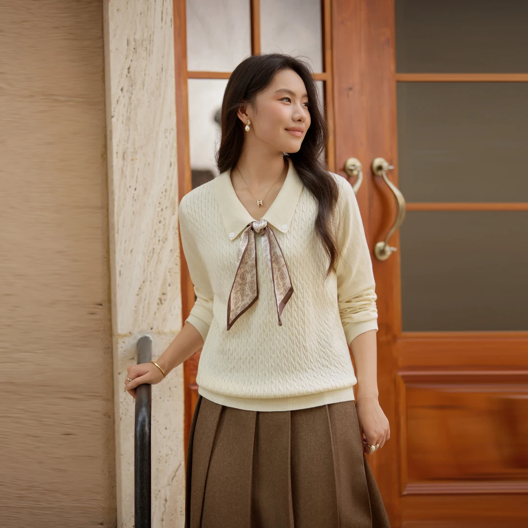 【系带丝巾针织衫】纤莉秀大码女装流光风Miu系翻领丝巾长袖QK3604