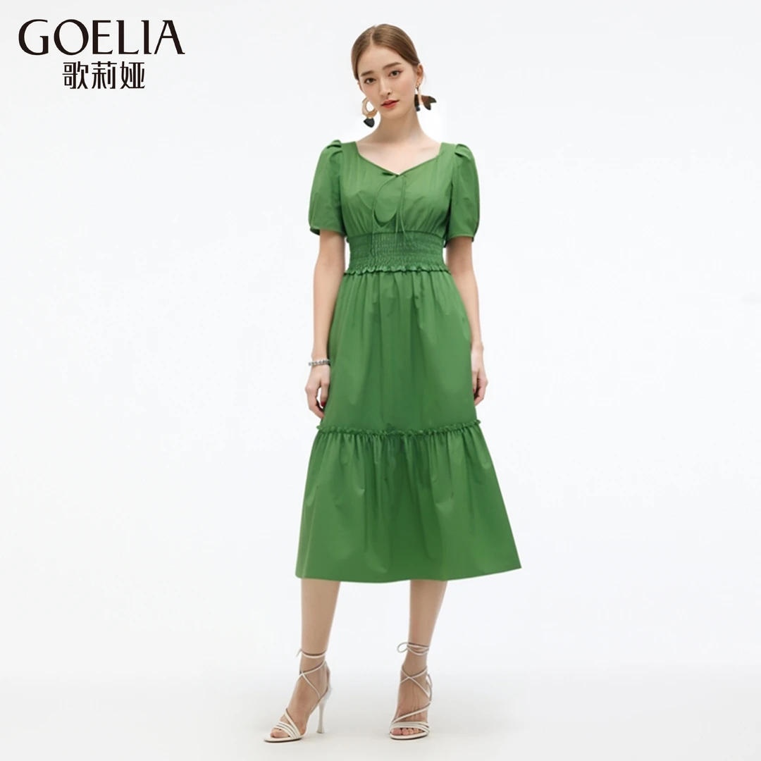 歌莉娅连衣裙夏季新款打揽爱心领薄荷曼波轻奢法式绿色1E5R4K2D0