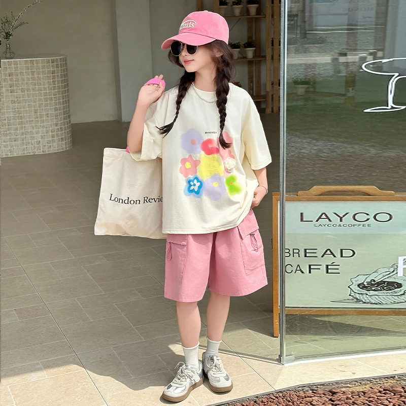 女童套装2025夏季新款中大童洋气短袖t恤夏装网红炸街儿童装短裤